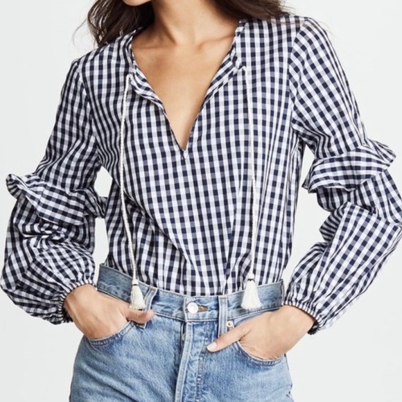 Splendid Navy Gingham Check Ruffled Tie Neck Navy White Long Sleeve Peasant Top - Picture 8 of 10